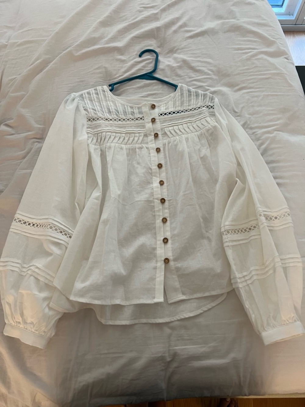 Petite Studio White Button-Front Lace-Trim Peasant Blouse